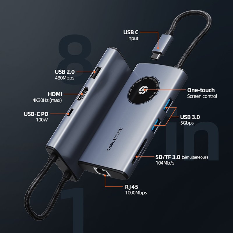 CABLETIME CB92G 8-in-1 4k 30Hz USB C Lens Series Hub - Image 3