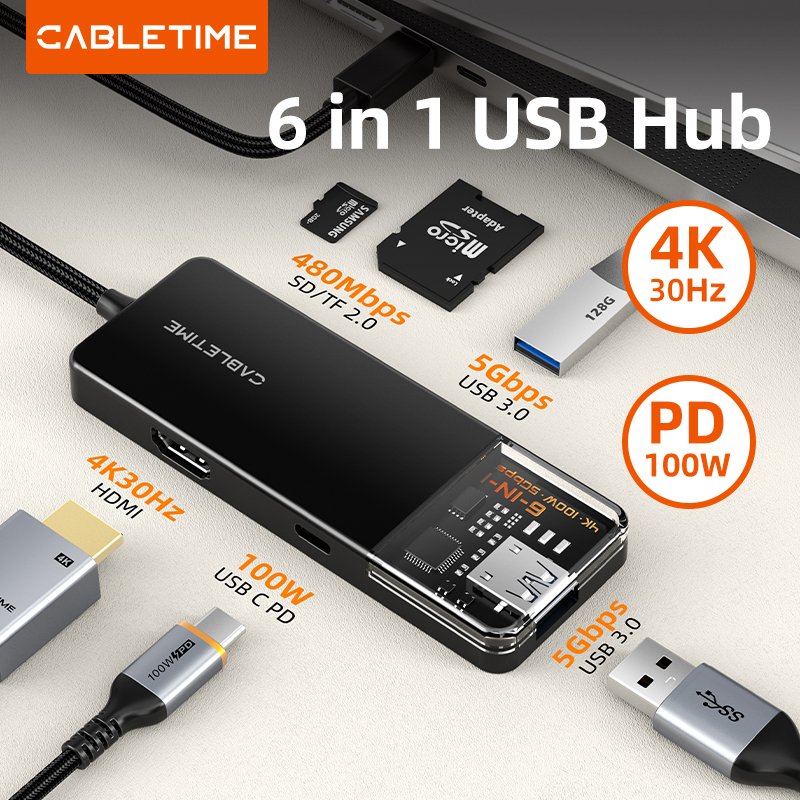 CABLETIME CB04B 6-in-1 4K 30Hz USB C Transparent Series Hub
