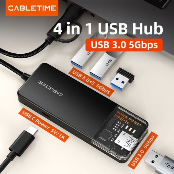 CABLETIME CB03B 4-in-1 USB A+C Transparent Series Hub