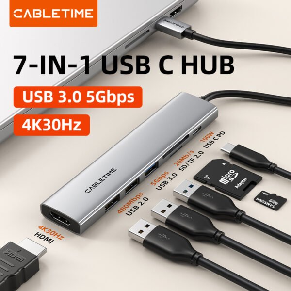 CABLETIME HB02G 7-in-1 4k 30Hz USB C Ultra Slim Series Hub