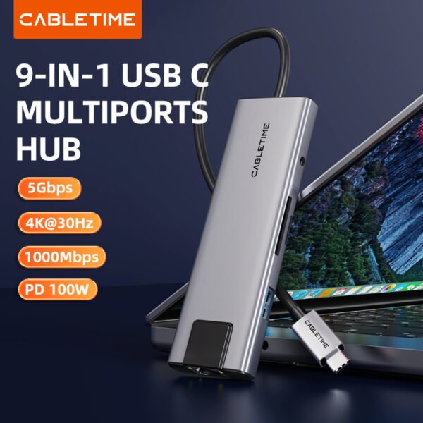 CABLETIME HB03G 9-in-1 4k 30Hz USB C ECO Series Hub