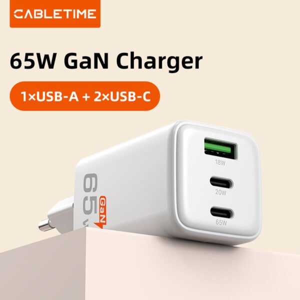 CABLETIME GaN 65W Ultra-Fast Triple Ports Wall Charger