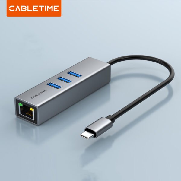 CABLETIME CB54G USB C 3 Port Hub With 1000Mbps RJ45 Gigabit Ethernet Adapter