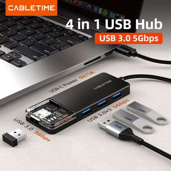 CABLETIME CB01B 4-in-1 USB A 3.0 5Gbps With Power Supply Transparent Series Hub