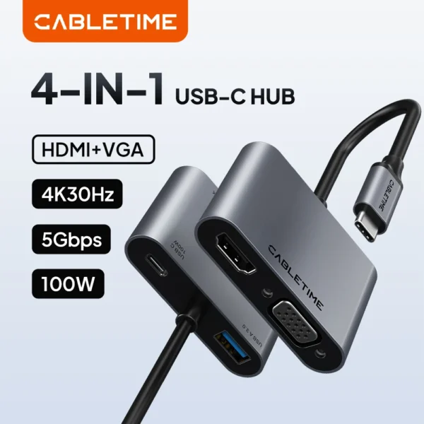CABLETIME CB41G 4-in-1 USB C to 4K HDMI VGA PD Adapter Hub