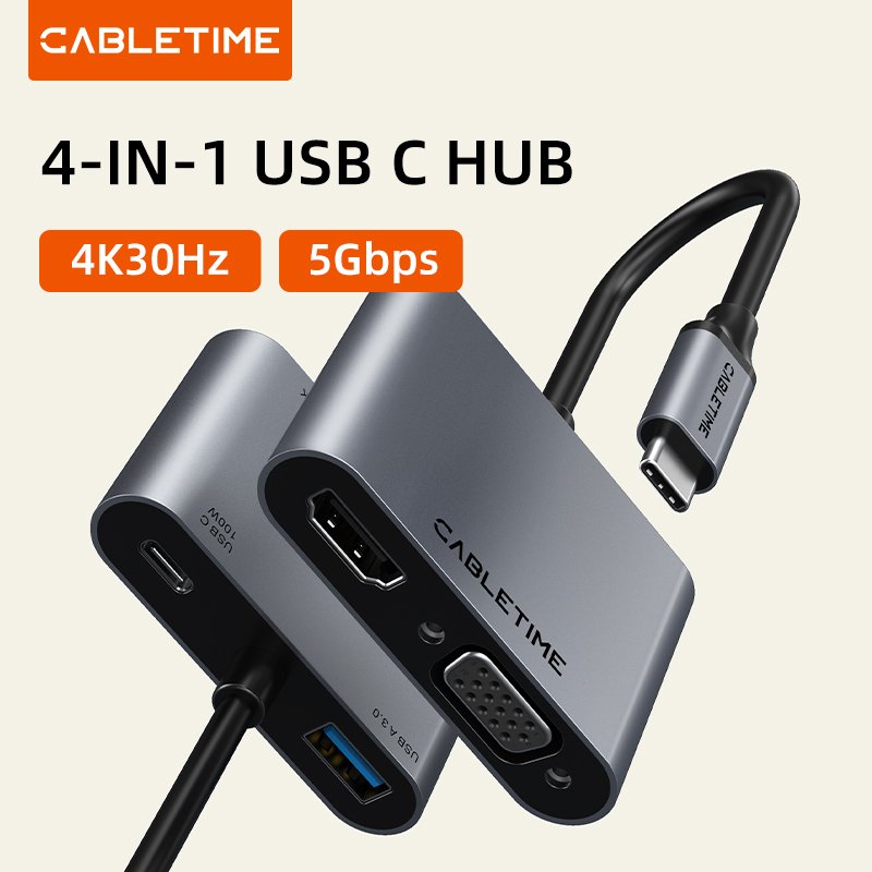 CABLETIME CB41G 4-in-1 USB C to 4K HDMI VGA PD Adapter Hub