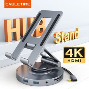 CABLETIME CB02G 8-in-1 4K 60Hz 100W USB C HUB with 360° Rotatable Foldable Tablet Stand