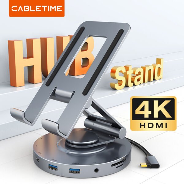 CABLETIME CB02G 8-in-1 4K 60Hz 100W USB C HUB with 360° Rotatable Foldable Tablet Stand