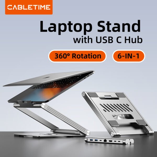 CABLETIME CS51S 6-in-1 4K 60Hz 100W USB C HUB with 360° Rotatable Foldable Laptop Stand