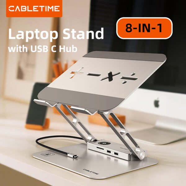 CABLETIME CS52S 8-in-1 4K 30Hz 100W USB C HUB with Foldable Laptop Stand